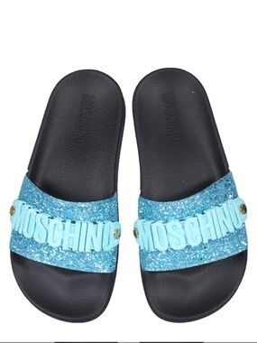 Moschino Blue Glitter Logo Slide Sandals